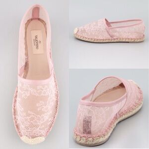 Valentino Garavani Sheer Floral Lace Flat Espadrille Sandal Shoes Pink Designer